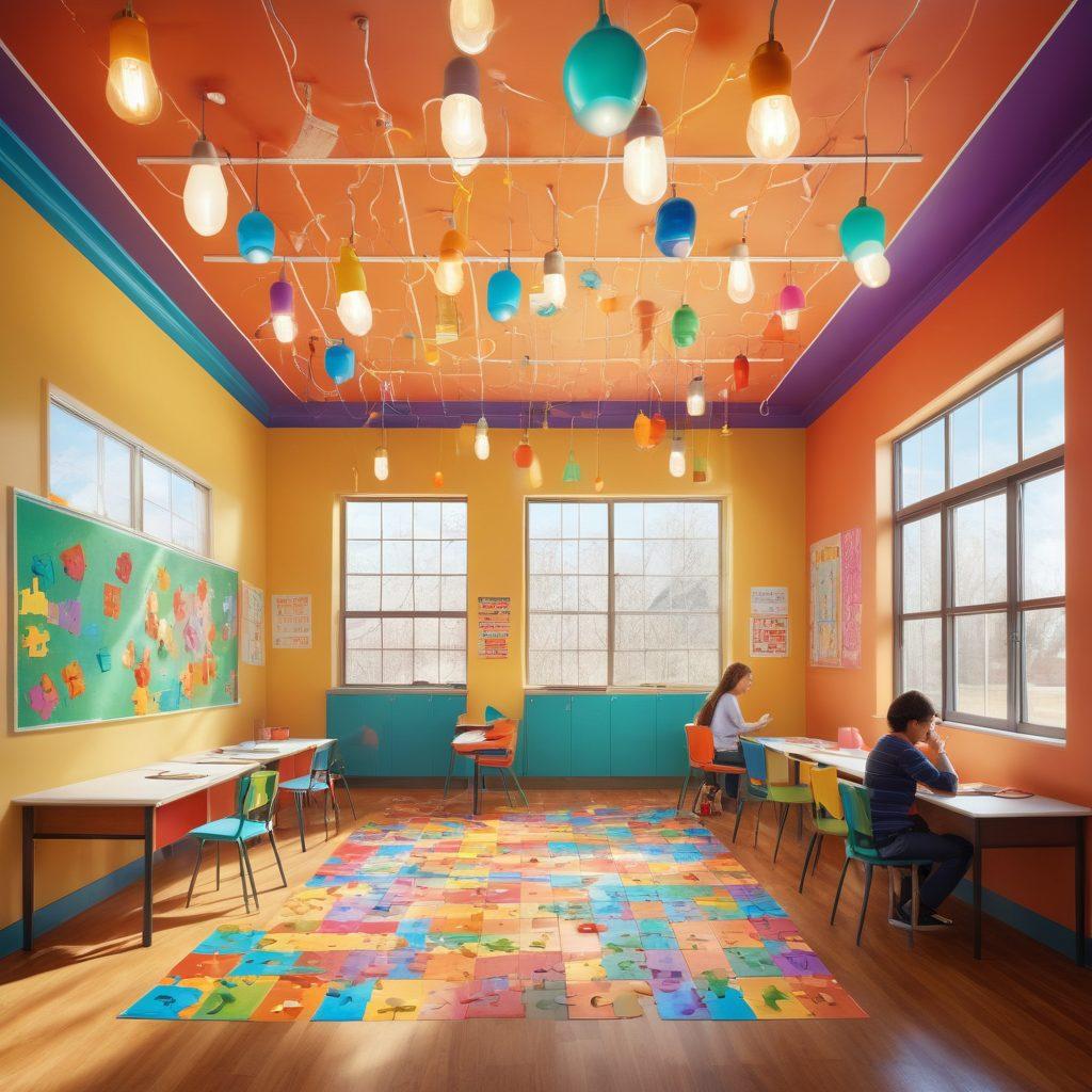 A whimsical classroom setting filled with colorful puzzles and brain teasers, where diverse groups of people of different ages are joyfully engaging in cognitive tests. Lightbulbs symbolizing ideas are floating around, and there are visual elements like mazes and math problems on the walls. The atmosphere is lively and fun, conveying a sense of intelligence through play. vibrant colors. playful illustration.