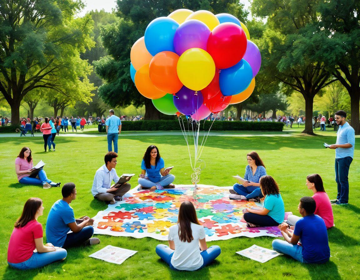 A vibrant scene depicting a diverse group of people engaging in fun IQ assessment activities in a park, with colorful brain puzzle pieces floating around them. Include an oversized brain-shaped balloon, cheerful expressions, and books with brain teasers scattered on the grass. The background should be bright and inviting, symbolizing potential and fun. super-realistic. vibrant colors. white background.