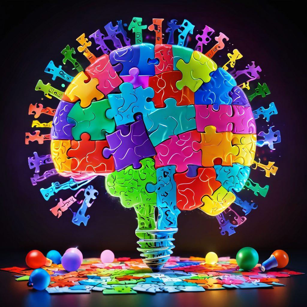 A vibrant brain composed of puzzle pieces, with colorful light bulbs symbolizing ideas glowing around it. In the background, various challenging brain games such as Sudoku, crosswords, and riddles are scattered like confetti, depicting a playful atmosphere. The entire scene should evoke a sense of excitement and curiosity about brain challenges. super-realistic. vibrant colors. 3D.